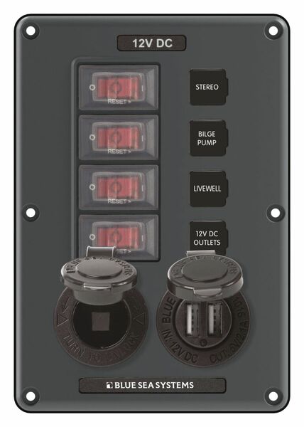 Lülitipaneel Blue Sea Systems 4-ne veekindel, USB, sigaretisüütaja, 12V PN4321