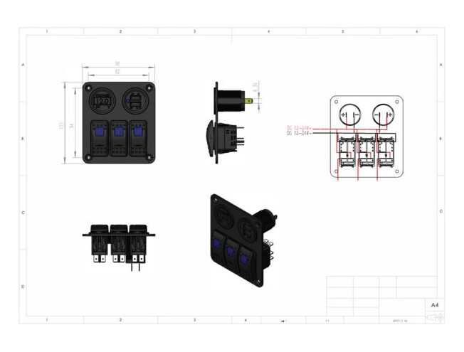 Lülitipaneel 1852 Marine Quality 3-ne; USB pesaga  12V/20A - 24V/10A